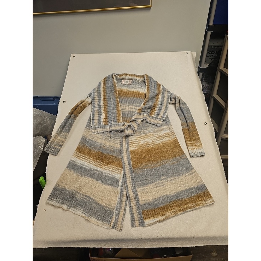 Element Eden Womens Striped Open Front Cardigan Mustard Grey Longline Sweater M